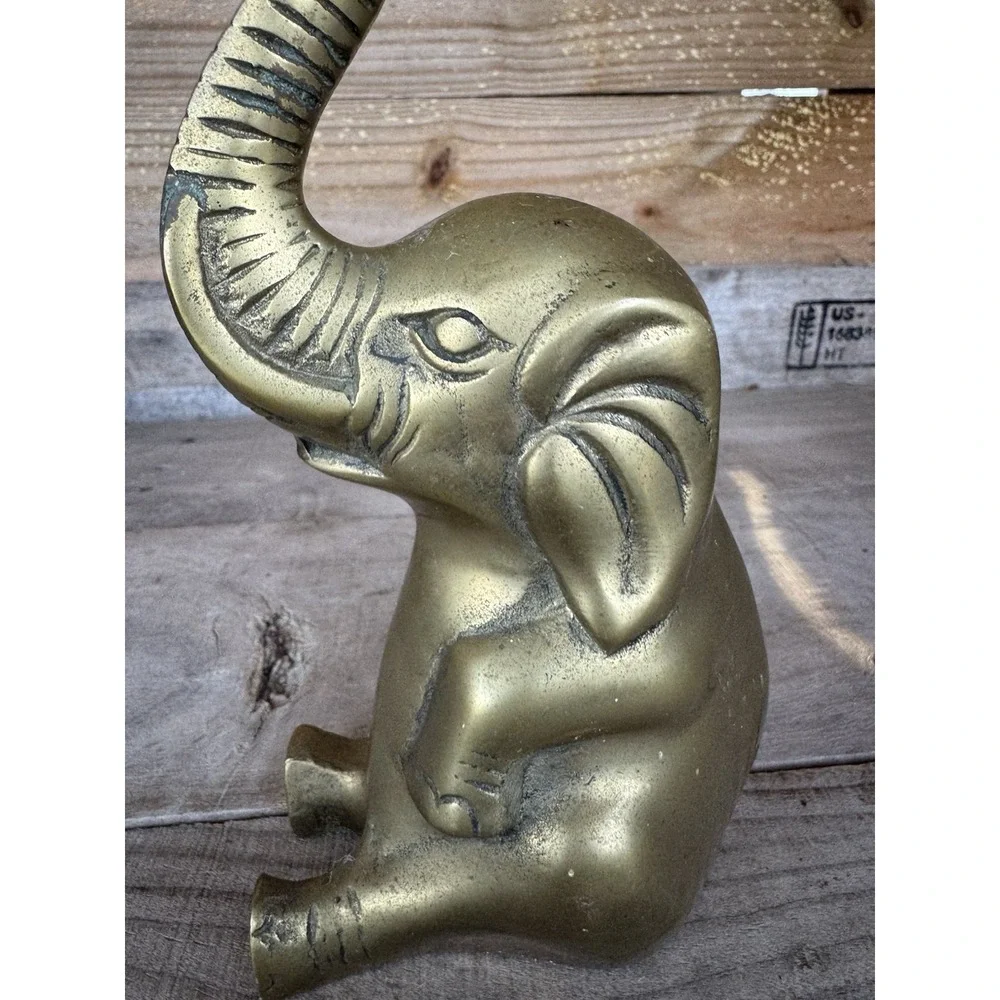 Vintage Solid Brass Elefant Hollywood Regency‎ Ornate Statue Lucky Trunk Up